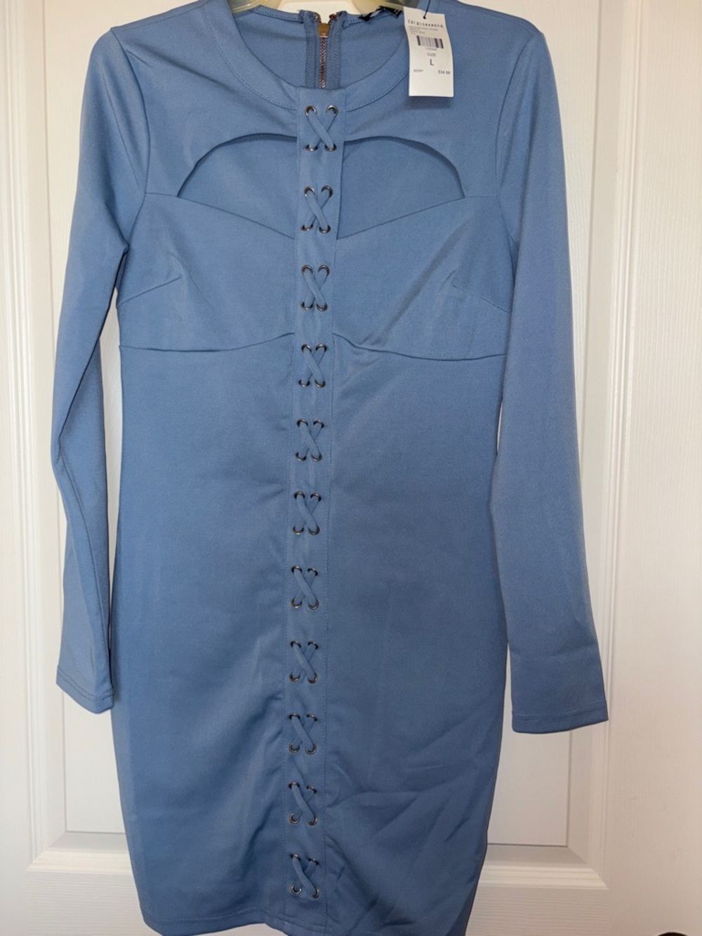 Fashion Nova Light Blue Long Sleeve Lace-Up Cutout Bodycon Dress